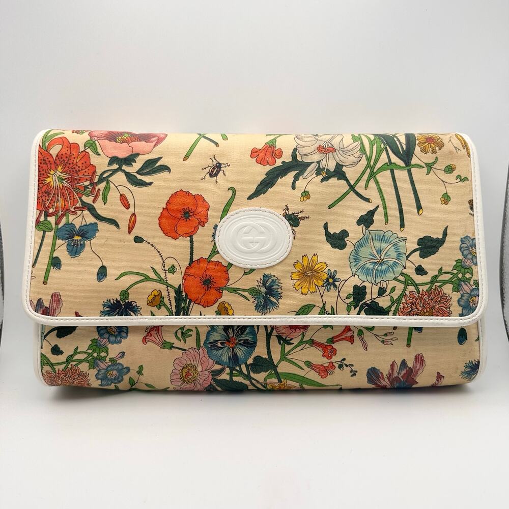 Gucci Vintage 80s Flora Flap Clutch Bag Ecru Canvas White Leather Trim READ - Picture 1 of 16